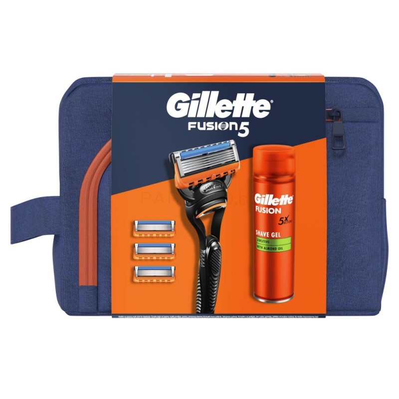Gillette Fusion 5 - Самобръсначка + 2 резервни ножчета + Гел за бръснене 200 мл + Чантичка за пътуване