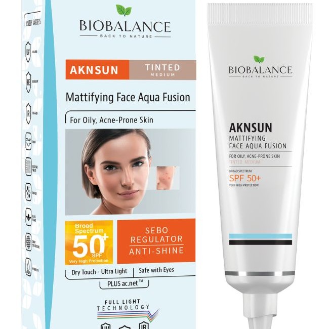  Biobalance  Aknsun Mattifying Face Aqua Fusion 50+ SPF-Tinted Light ,Medium - 40 ml 