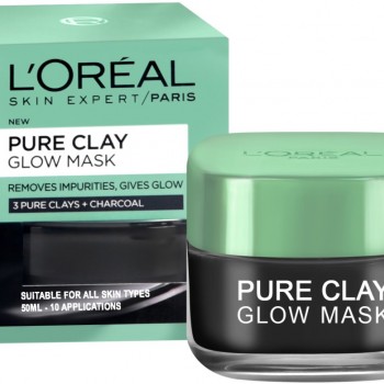 LOREAL Pure Clay Glow Mask - Почистваща и озаряваща маска за лице с 3 вида глина и растителен въглен от серията "Pure Clay" 50мл