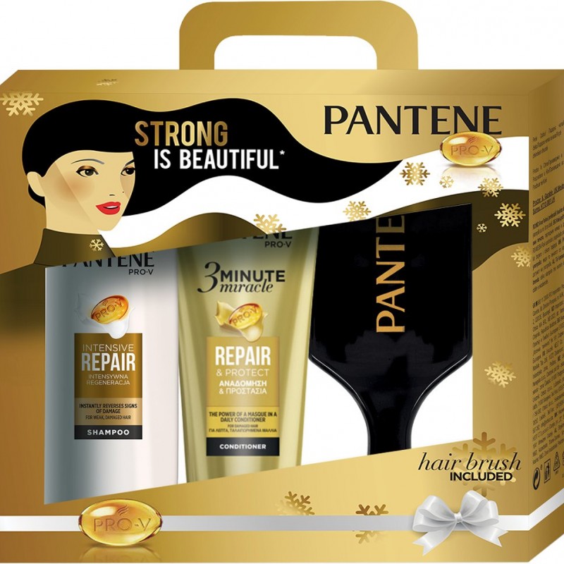 Pantene Pro-V Strong is Beautiful Подаръчен комплект - балсам за коса 200мл + шампоан за коса 360мл + четка за коса
