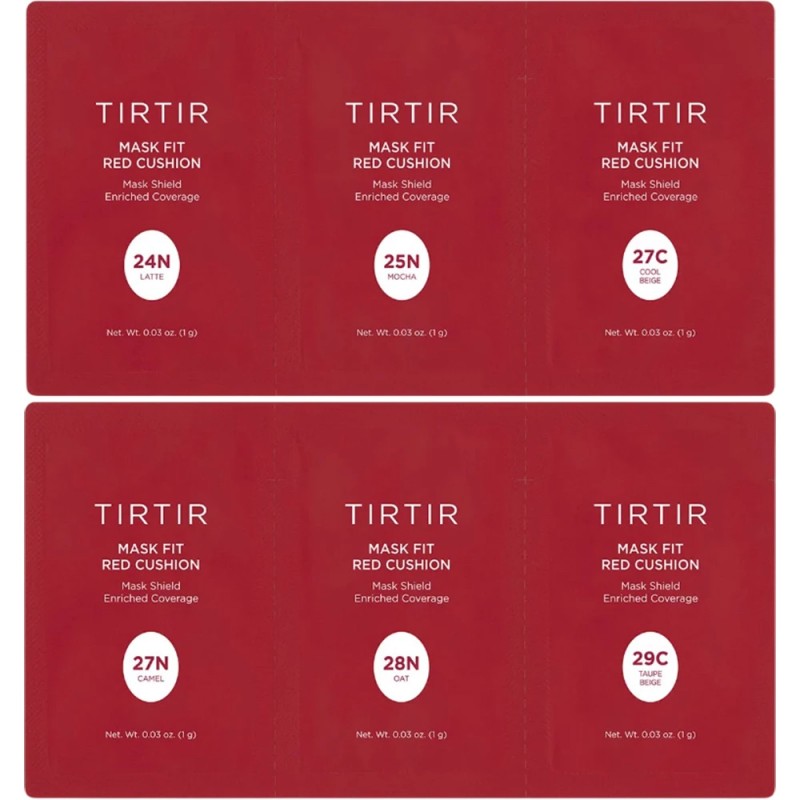 TIRTIR Mask Fit Red Cushion Trial Kit - Дълготраен фон дьо тен в гъбичка комплект тестери 6 цвята: 24N-29C